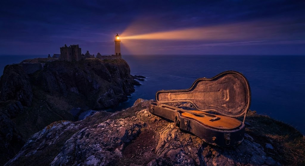 Guitar resting in an open case on a cliffside near a lighthouse at night